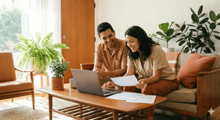 Pareja joven sentada en una sala, sonriendo mientras revisan juntos una laptop y documentos financieros sobre una mesa de centro, están hablando sobre el dinero en pareja.