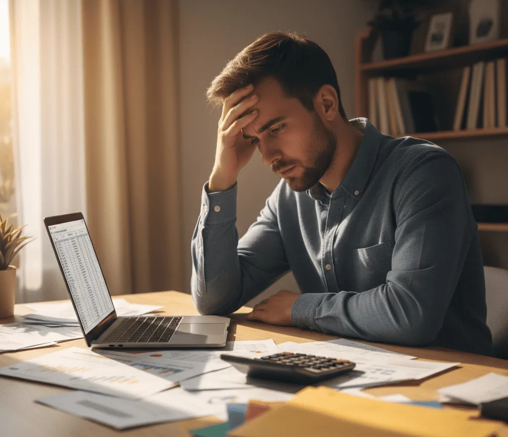 Hombre en escritorio con mano en la cara preocupado, en la mesa hay facturas, cuentas y un computador