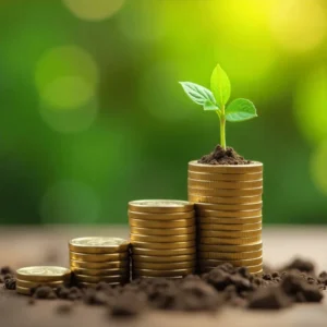 Monedas apiladas como una gráfica. Tierra y una plantita en la pila de monedas, mostrando el crecimiento gradual.