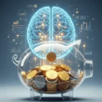 Alcancía transparente llena de monedas. atrás una ilustración de un cerebro, representando la conexión entre mente y dinero