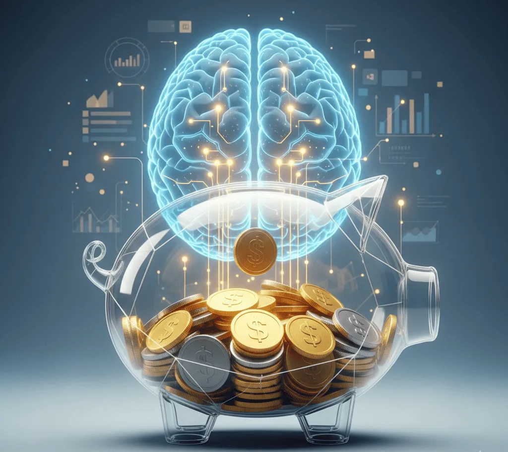 Alcancía transparente llena de monedas. atrás una ilustración de un cerebro, representando la conexión entre mente y dinero
