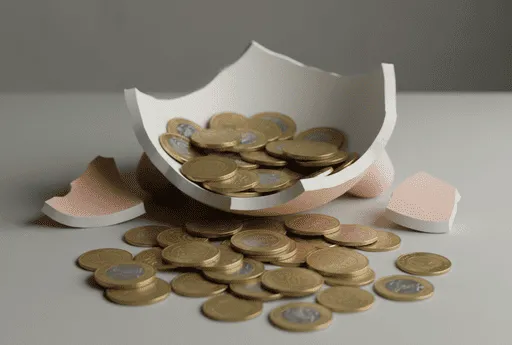 Alcancía rota con algunas monedas