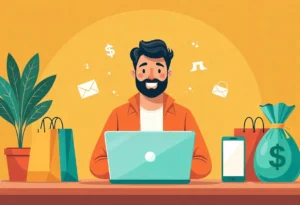 Caricatura de hombre vendiendo por internet